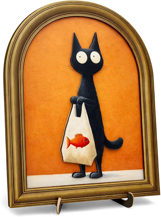 3D Cute Black Cat Table Decor Sign, Funny Cat and Fish Wall Art Sign for Home Living Room Dining Room Table Wall Desk Decor 8x10 Inch