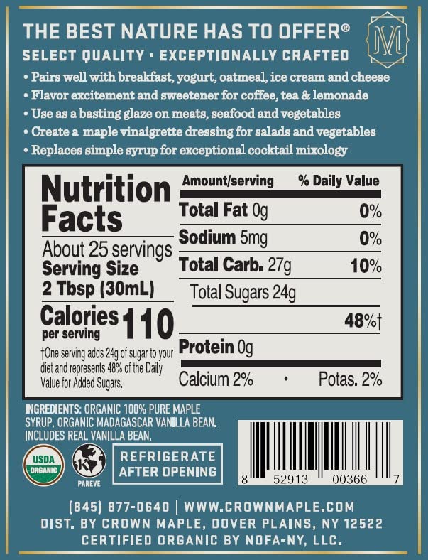 Crown Maple Certified Organic Madagascar Vanilla Infused Maple Syrup, Pure, Gluten Free, No Preservatives, Non-GMO Pairs well with Pancakes, Coffee, Cocktails & Brunch, 25 Fl Oz (Pack of 1 - Image 3