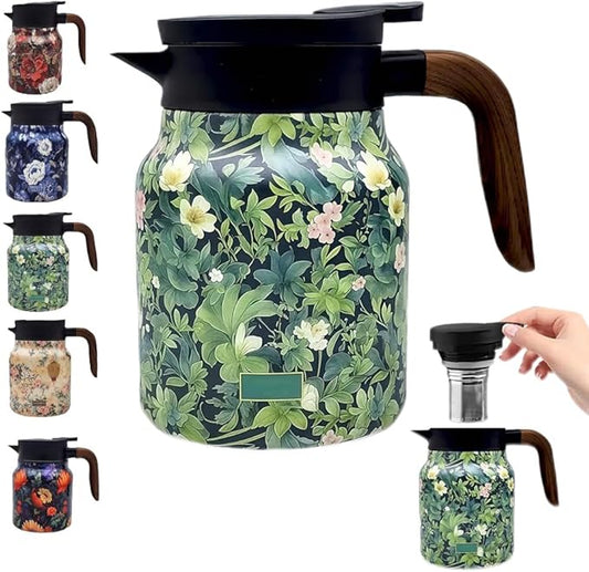 Vintage Floral Pattern Tea Pots – Built-in Infuser,Vintage Floral Teapot with Built In Infuser Stainless Steel Thermal Carafe with Lid for Hot Drinks,Green(Wooden handle,35oz)
