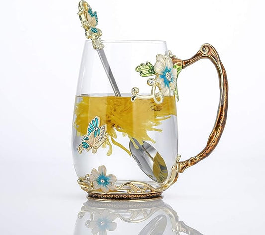 Luka Tech Enamel Butterfly flower Glass Mug with Spoon, Gifts For Women Wife Mom Friends Birthday Mothers Valentines Day Christmas (Blue-Tal)