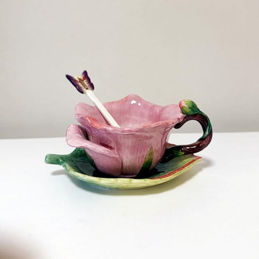 Ceramic Tea Cup and Saucer Set ，6OZ 3D Hand-Painted Flower and Lotus Leaf Coffee Mug，Gift for Women- Dark Pink Rose
