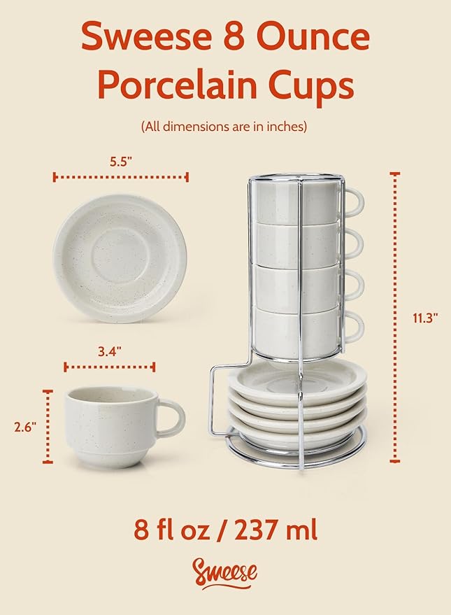 Sweese Porcelain Cappuccino Cups Set - 8 oz Stackable Coffee Mugs with Saucers, Metal Stand, Dove Grey, Set of 4