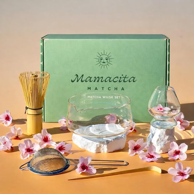 Whisk Set, 5-Piece Matcha Bowl and Whisk Kit with Bamboo Scoop, Glass Matcha Bowl, Holder, and Sieve – Handmade Borosilicate Glass (Clear)