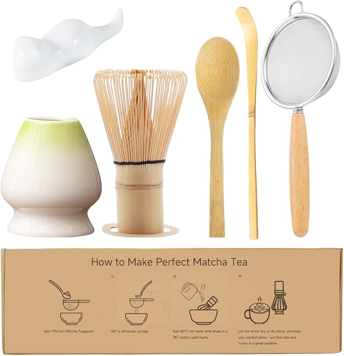 Matcha Whisk Set, 6-Piece Matcha Making Kit, Macha Tea Set, (Chasen Holder), Ceramic Whisk Holder, Matcha Starter Sifter, Bamboo Scoop, Spoon Japanese Tea Tools For Ceremony Gift (Green Jade)