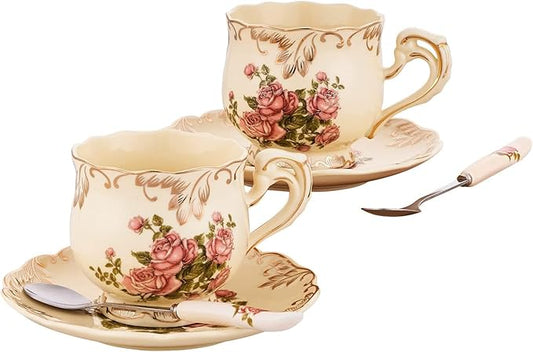 Tea Cups and Saucers Set of 2, 8 Oz Ivory Rose Floral Porcelain Teacup and Saucer Set with Spoon, Vintage Tea Cups with Gold Trim, European Style (Pink Rose)