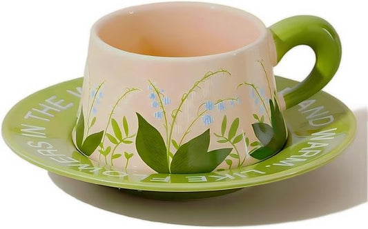 Cute Ceramic Coffee Mug and Saucer Set for Women, Spring Floral Embossed Design, 9.5oz/280ml, Perfect for Home, Office & Holiday Gifts (Green Lily of the Valley)