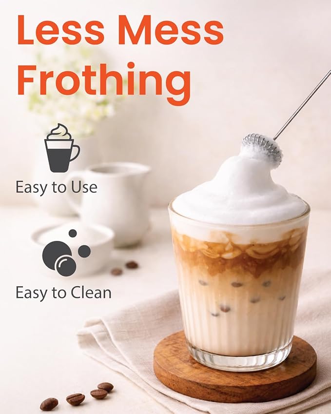 Elementi Powerful Frother Wand – Lightweight Milk Frother & Drink Mixer Handheld, Matcha Whisk for Dreamy Lattes, Powerful Coffee Mixer Wand & Stirrer - Make Creamy Cappuccinos at Home (Orange)