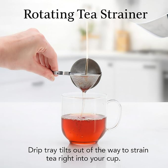 HIC Kitchen Tip Tea Strainer, 18/8 Stainless Steel, Loose Leaf Tea Filter With Drip Tray, Mess-Free Tea Serving, Set of 2
