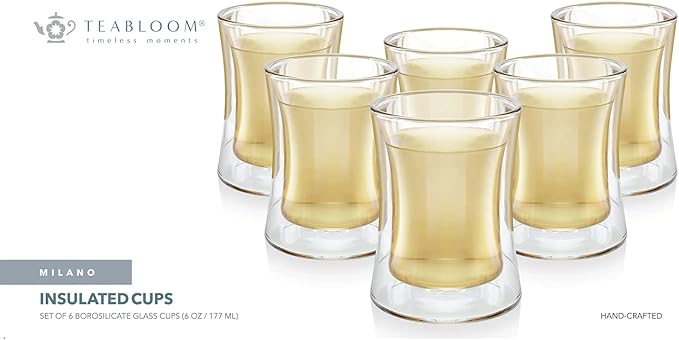 Teabloom Modern Insulated Turkish Tea Glasses - Set of 6 Double Walled Glass Teacups (6 oz / 177 ml)