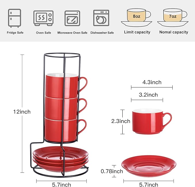8oz Porcelain Stackable Cappuccino Cups with Saucers and Metal Stand Set of 4, Cappuccino Cups Set of 4, Red Coffee Cups for Espresso, Specialty Coffee Drinks, Latte, Americano and Tea