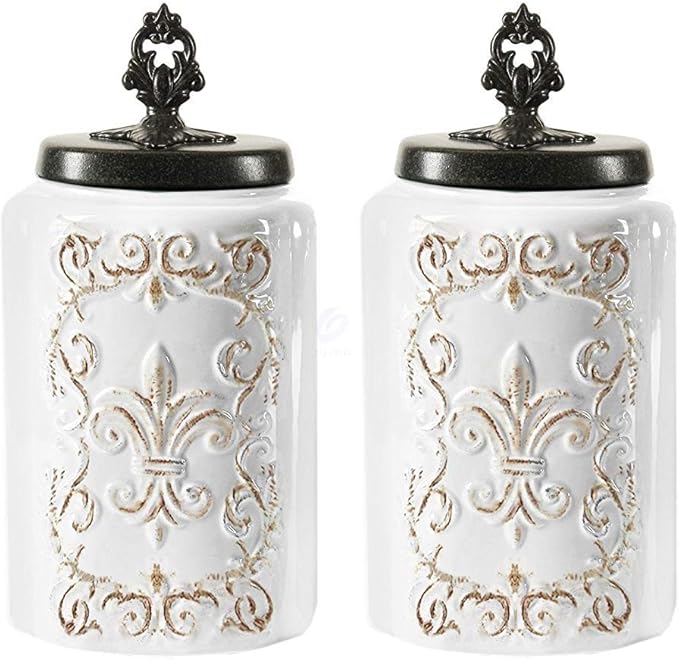 American Atelier Ceramic Canister Set 2-Piece Jars Chic Design w/Airtight Stainless Steel Lids for Cookies, Candy, Coffee, Flour, Sugar, Rice, Pasta, Cereal & More - Large, white, 2 large