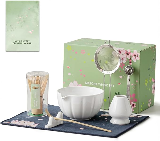 8 Pcs Matcha Whisk Set, HTRCXB Matcha Set with Ceramic Bowl, Bamboo Whisk & Holder, Scoop, Sifter, Measuring Spoon, Scoop Rest & Tea Towel, Complete Set for Beginners & Tea Lovers (Ceramic, White)