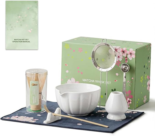 8 Pcs Matcha Whisk Set, HTRCXB Matcha Set with Ceramic Bowl, Bamboo Whisk & Holder, Scoop, Sifter, Measuring Spoon, Scoop Rest & Tea Towel, Complete Set for Beginners & Tea Lovers (Ceramic, White)