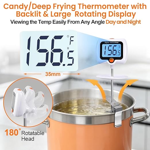 Candy Thermometer for Candy Making with Pot Clip,Best Instant Read Thermometer Digital for Cooking, Baking, Candy and Cheese Making – 10 Inch Probe, Large Rotating LCD Display, Essential Baking Tool