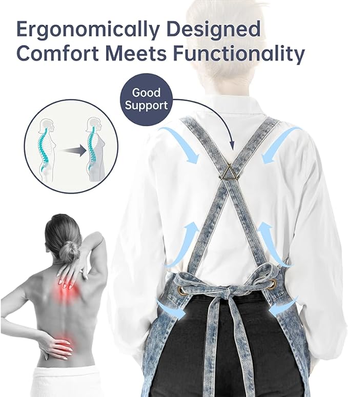 Denim Apron with Pockets for Hair Stylist Gardening Craftsmen Barista Women Hairdresser Jean Work Apron Cross Straps