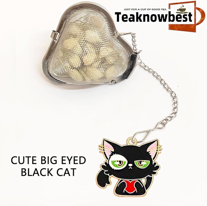 Tea infusers, loose tea strainer, Heart shaped tea ball + cute animal pendant, reusable tea steeper makes afternoon tea meaningful (2, big eyed cat)