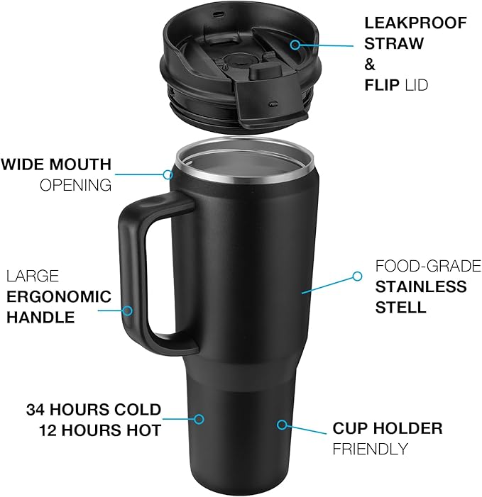 40 oz Tumbler with Handle, Insulated Tumblers with Lid and Straw, Large Metal Sports Water Bottle Jug, Thermal Stainless Steel Travel Coffee Mug Cup, Lavender