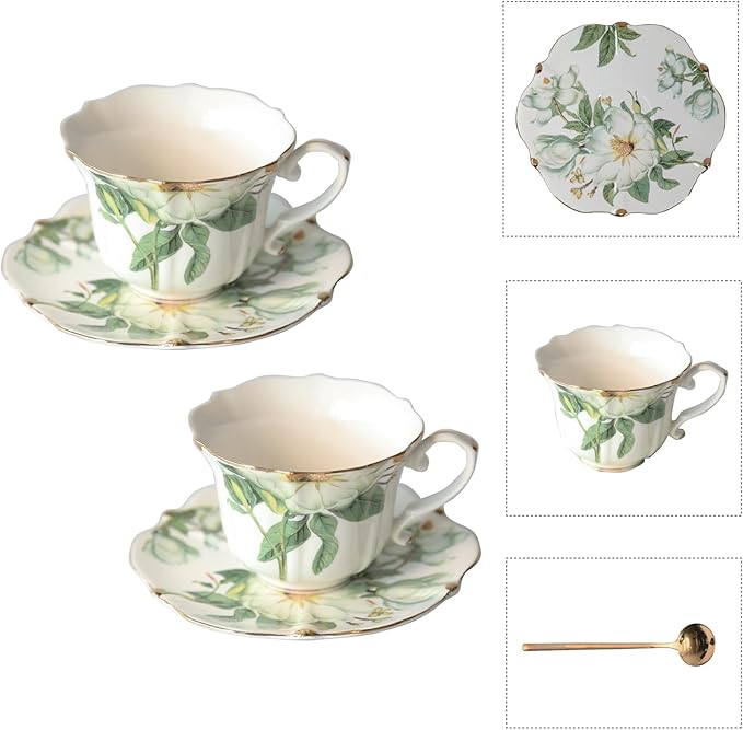 Vintage Floral Porcelain Tea Cup and Saucer Set with Spoon, Gold Trim, 6.4 oz – Set of 2, Green – Tea & Espresso & Coffee Cups (2, White Camellia)