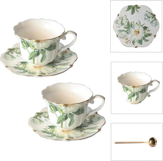 Vintage Floral Porcelain Tea Cup and Saucer Set with Spoon, Gold Trim, 6.4 oz – Set of 2, Green – Tea & Espresso & Coffee Cups (2, White Camellia)