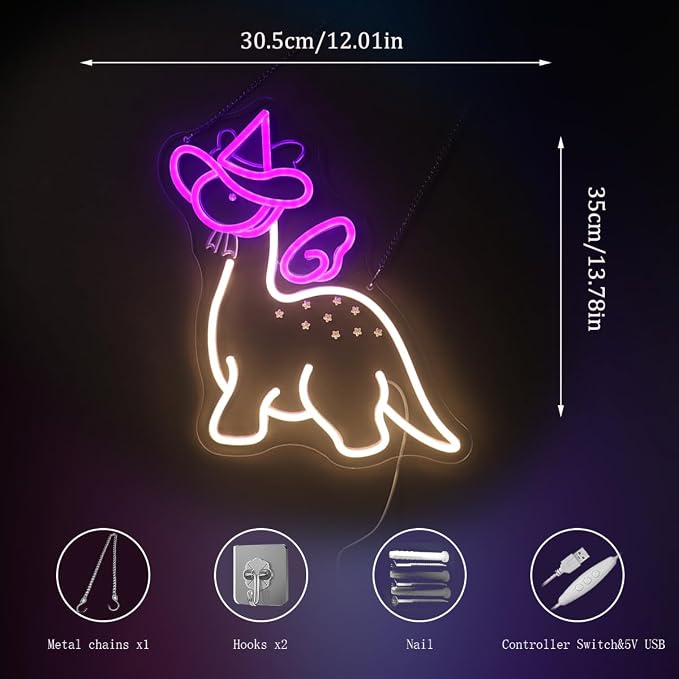 "Dinosaur Princess in Top Hat" Whimsical Character Light - Royal & Playful LED Wall Art for Kids Room, Dinosaur-Themed Party, Playroom or Unique Decor, Dimmable USB,Gift for Dino Fans - Image 4