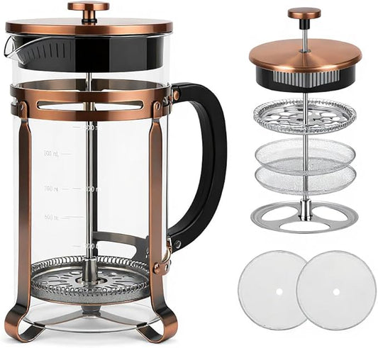 French Press Coffee Maker, 34Oz Coffee Press with 304 Stainless Steel 4 Filters, Borosilicate Glass Heat Resistant Carafe, 100% BPA-Free Teapot & Coffee Press, Copper Finish