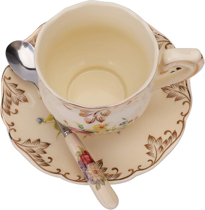Foraineam Set of 2 Tea Cup and Saucer, 8 oz. Flowering Shrubs Ivory Ceramic Coffee Cup Fancy Floral Porcelain Tea Cup Set with Saucer and Spoon
