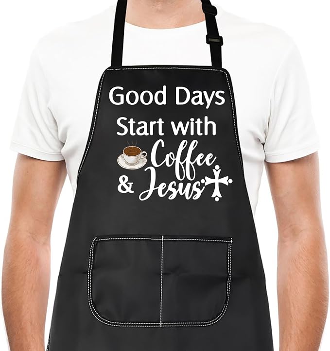 Coffee Lover Gift Good Days Start with Coffee & Jesus Waterproof Apron for Mom Dad Barista Christmas Graduation Gift by LEVLO