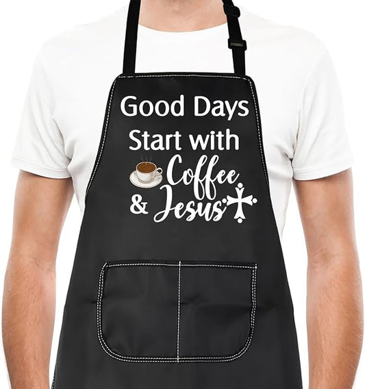 Coffee Lover Gift Good Days Start with Coffee & Jesus Waterproof Apron for Mom Dad Barista Christmas Graduation Gift by LEVLO