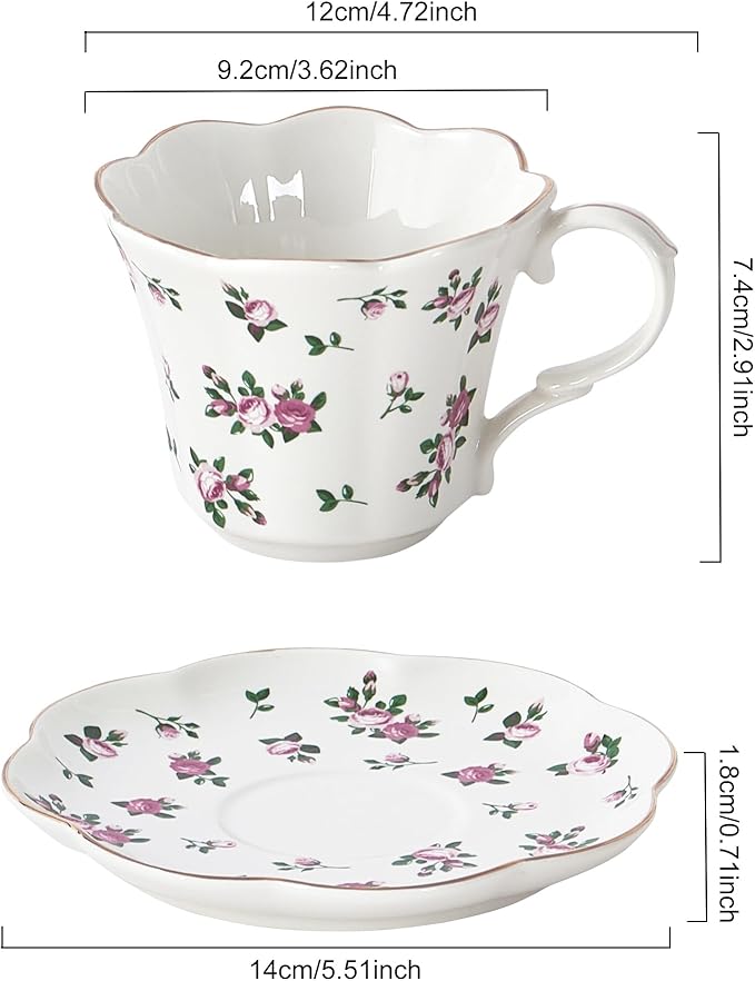 Floral Tea Cups and Saucers, 6oz Ceramic Teacup Set of 4, Elegant Scalloped Edge Coffee Cups for Latte, Cappuccino, Espresso, Rose Tea Cups for Tea Parties, Women Gifts for Mother's Day, Spring Decor
