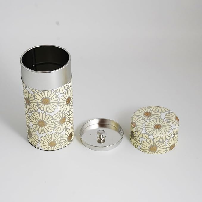 Kyoto Floral Tin Tea Canister - 7 oz Traditional Japanese Yuzen Paper Design, Airtight Storage for Fresh Tea Leaves, Ideal for Tea Ceremony Accessories Collection (Beige)
