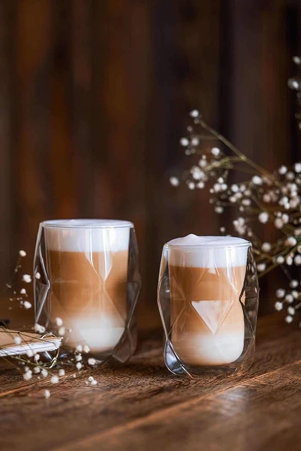 BTaT- Double Walled Glasses, 4 Pack, 12 oz (350 ml), Insulated Diamond Shaped Glass Cups, Double Wall Drinking Glasses for Iced Tea, Juices, Water, Cocktails, Hot and Cold Beverages