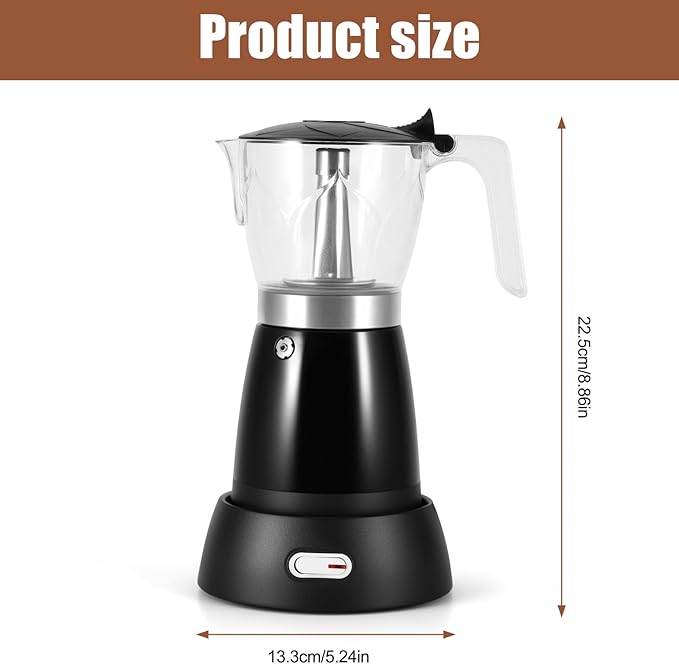 Coffee Maker Electric Moka Pot, Espresso Coffee Italian Aluminum Espresso Machine Cafetera Pot 300ml, Portable Machine Moka Maker with Detachable Base Overheat Protection for Home Travel, Black