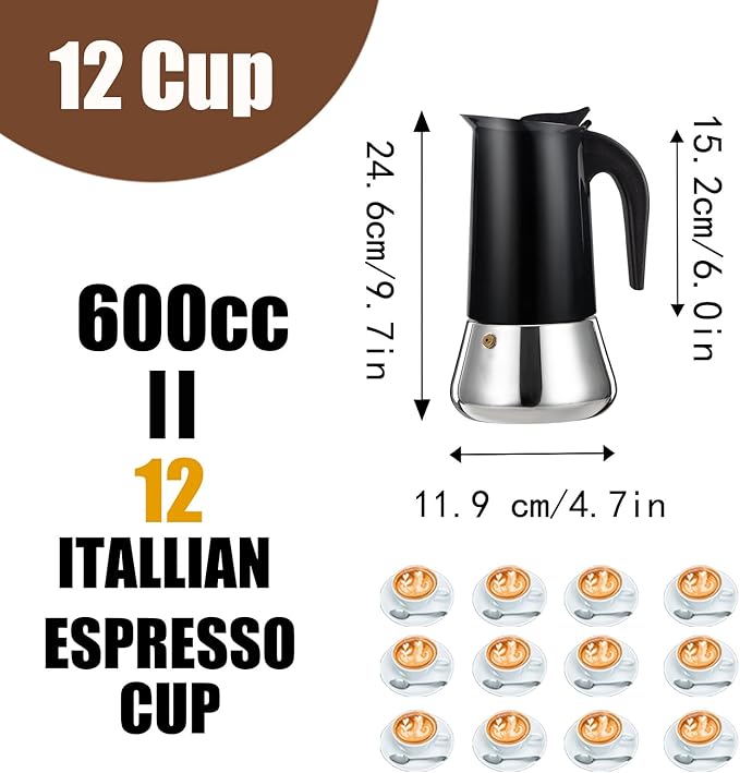 12 Cup Stovetop Espresso Maker Stainless Steel Moka Pot Stove Top Percolator Italian Coffee Makers Capable Mocha Greca Machine Cafe Classic Induction Cookers for Home and Camping 600ml 20oz