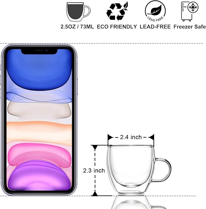 KitchenTour Insulated Coffee Mug 2.5 oz- Double Wall Glass Coffee Cup with Handle Set of 4 - Clear Glass Drinkware for Espresso，Cappuccino, Latte，Hot Beverages