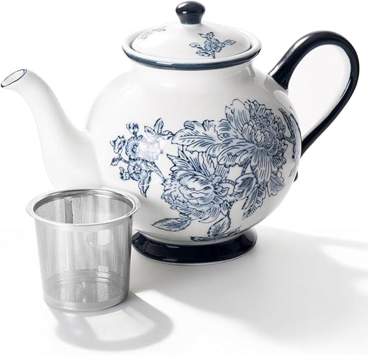45 Ounce Tea Pot with Infuser, Ceramic Blue and White Teapot, Flowers and Branches