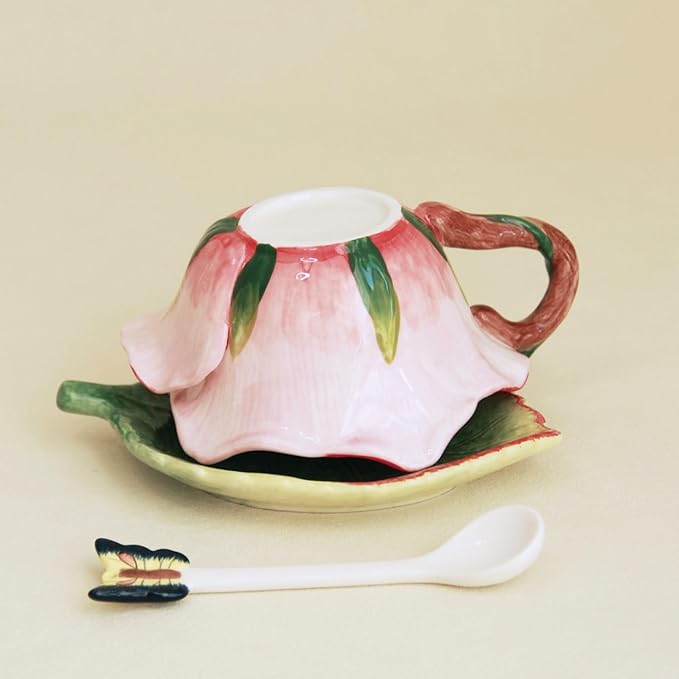 Ceramic Tea Cup and Saucer Set ，6OZ 3D Hand-Painted Flower and Lotus Leaf Coffee Mug，Gift for Women- Pink Rose