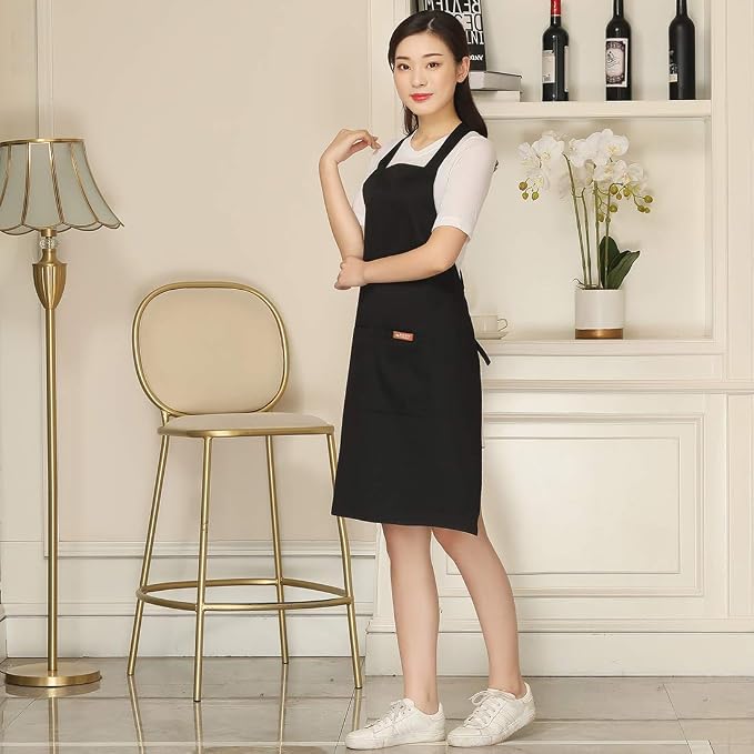 NEWGEM 100% Cotton Cross Back Apron for Women with 2 Pockets - Adjustable Button Straps Pinafore, No Neck Pain Kitchen Chef Apron for BBQ Grilling, Professional Stylist (Black) - Image 3
