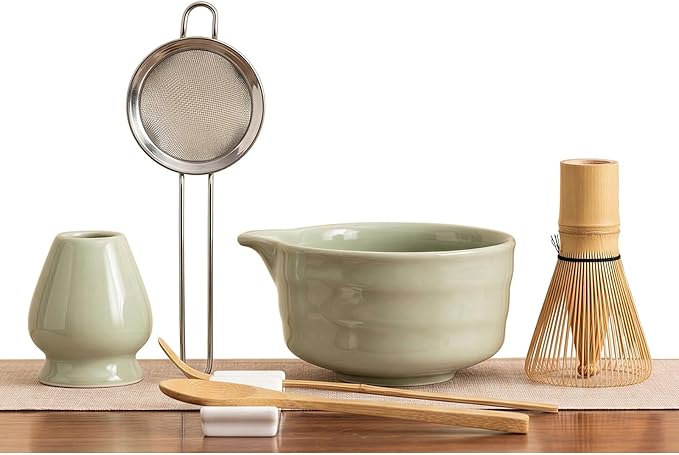 YOLIFE 7 Pcs Matcha Whisk Set, Matcha Kit for Ceremony, Includes Matcha Bowl with Spout, Bamboo Whisk (Chasen) with Ceramic Holder, Scoop, Powder Spoon and Sifter (Matcha Green)