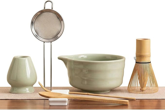 YOLIFE 7 Pcs Matcha Whisk Set, Matcha Kit for Ceremony, Includes Matcha Bowl with Spout, Bamboo Whisk (Chasen) with Ceramic Holder, Scoop, Powder Spoon and Sifter (Matcha Green)