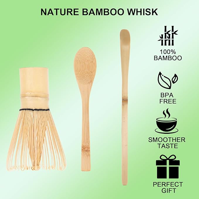 Matcha Whisk Set, 4-Pack Matcha Kit Accessory with 100-Prong Handmade Bamboo Chasen Wisk Mixer, Scoop, Spoon, and Sifter, Perfect for Making Ceremonial Macha Tea, Gift for Mocha Lovers
