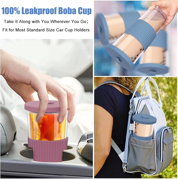 2 Pack Reusable Boba Tea Cups, 24oz Iced Coffee Cup with Straw and Lid, Leakproof Clear Plastic Cups Tumbler, Double Wall Insulated Smoothie Tumbler, Wide Straw for Bubble Tea, Pink and Blue
