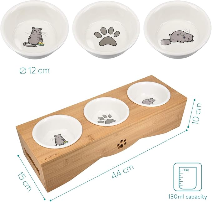 Navaris Cat Bowls with Stand - Elevated Triple Feeder for Cats - Ceramic Pet Bowl Dishes 3-Pcs Set with Printed Designs and Raised Bamboo Wood Holder