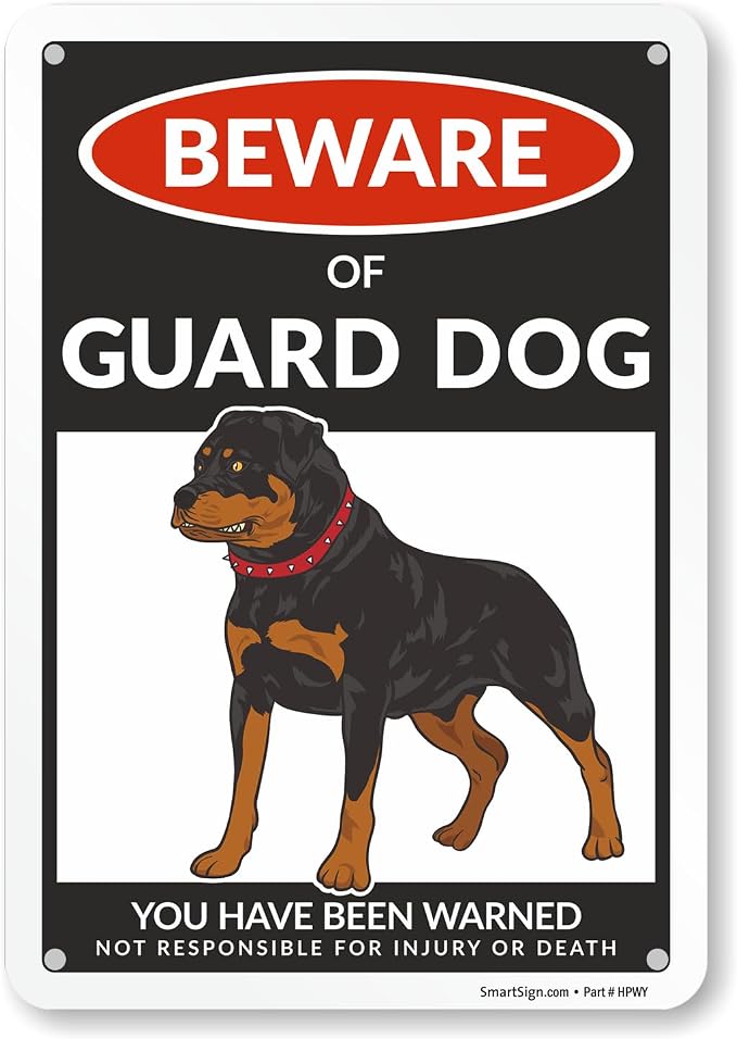 SmartSign Beware Of Guard Dog Warning Sign - 10"x7", 40 mil Laminated Rust-free Aluminum - Funny Metal Signs for Entrances, Outdoors, Patio, Gifts, Cafe - Guard Dog Theme, Made in USA by SmartSign