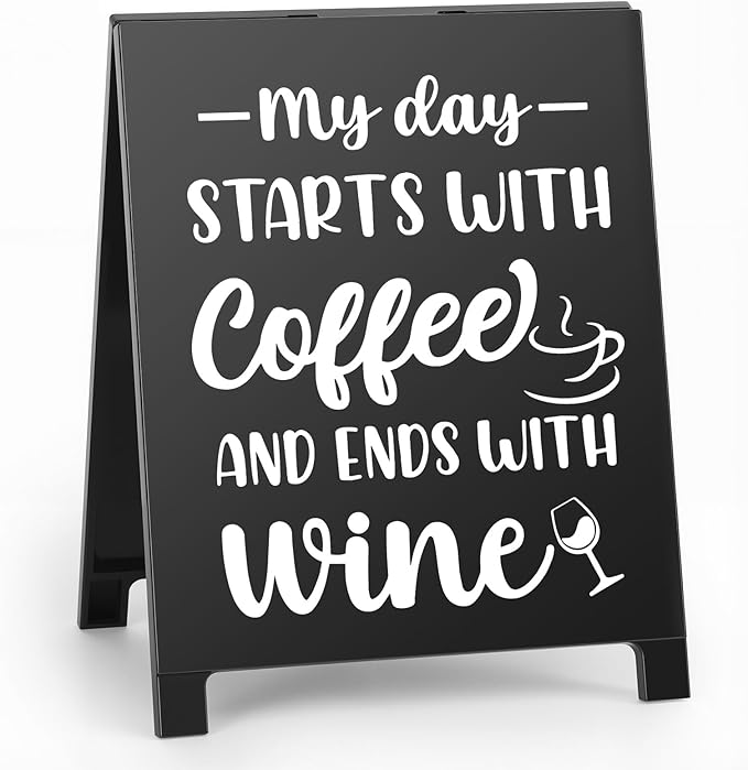 My Day Starts With Coffee Ends With Wine Desk Decor Sign Retro Coffees Shop Table Display for Home Office Kitchen Bar Cafe Counter Bookshelf Christmas Gift for Coffees Lovers Barista Friends