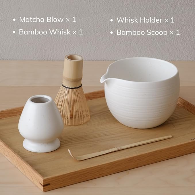 Matcha Whisk Set, Ceramic Matcha Bowl & Whisk Holder, Bamboo Accessory, Modern Design (Matte Crème, Pouring Spout) (Matte White)