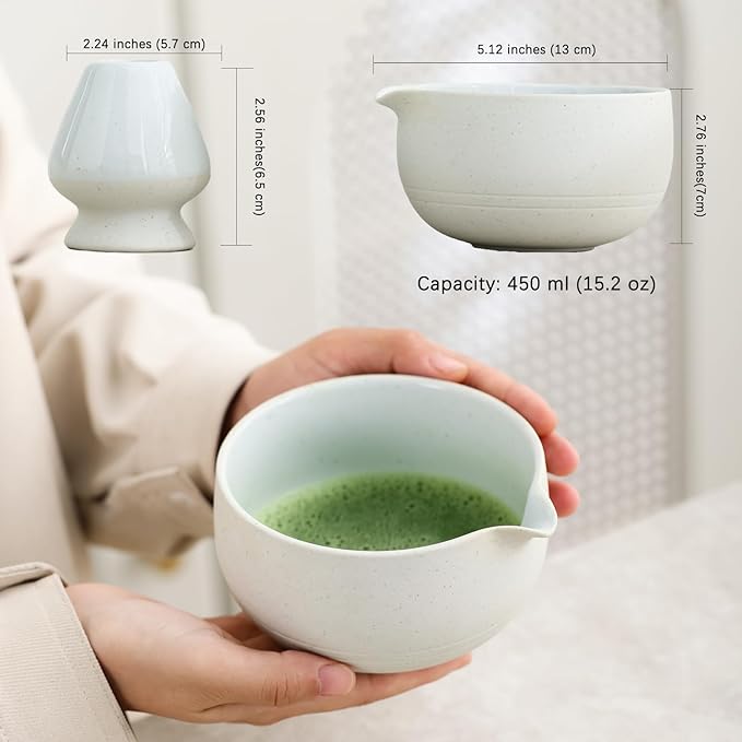 Matcha Set, Japanese Tea Set Includes Matcha Bowl with Spout, Matcha Whisk Holder (chasen), 15.2 oz Handcrafted Coarse Pottery Ceramic Matcha Kit for Matcha Lovers