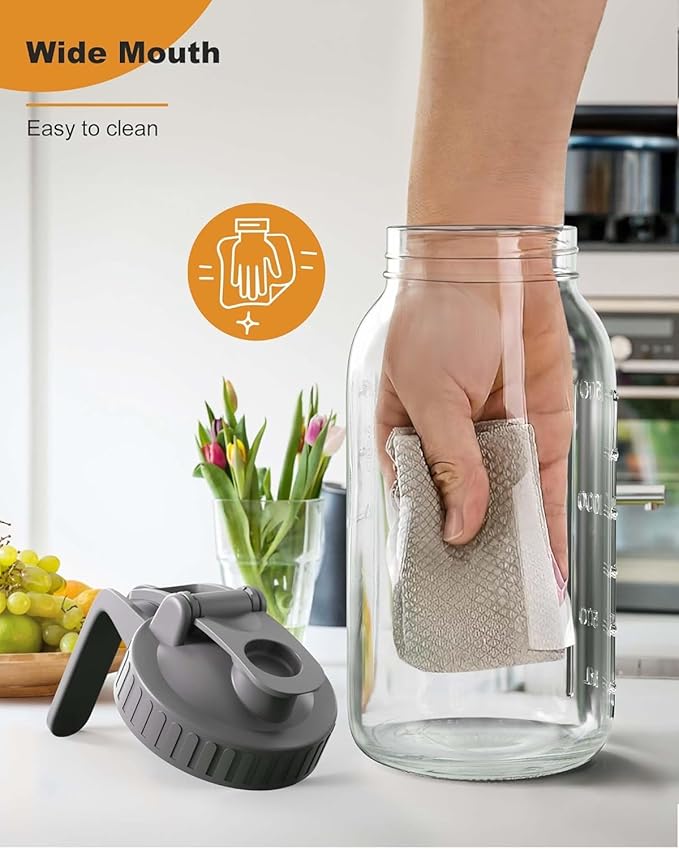 2 Pack - 64oz Glass Pitcher with Lid Wide Mouth, 2 Quart (1.9 Liter) Mason Jar Pitcher with Lid and Spout, Leakproof Water Jug for Water, Juice, Tea, Iced Coffee, Milk Storage