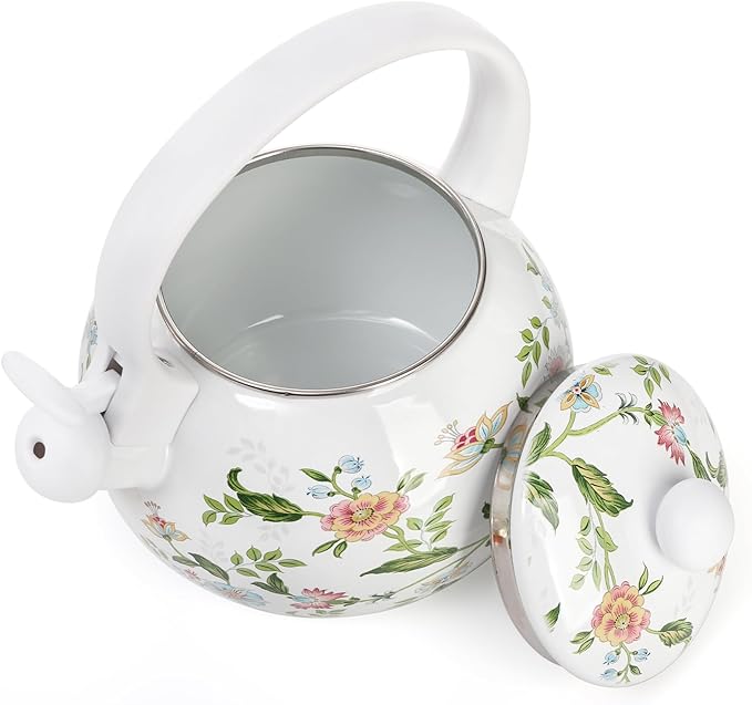Jucoan 2.3 Quart Vintage Enamel Tea Kettle, Whistling Tea Kettle for Stove Top, Floral Enamel on Steel Teakettle Teapot for Home Kitchen Camping, Gift for Wedding Housewarming Thanksgiving Christmas
