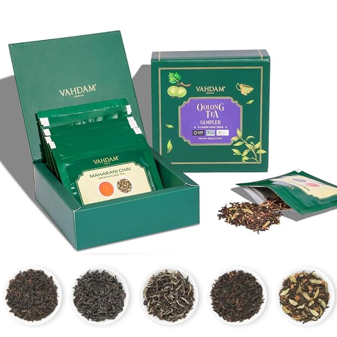 VAHDAM Assorted Oolong Tea Sampler Gift Set (5 Flavors) Gluten-Free, Non-GMO | 5 Unblended Loose Leaf Teas | Tea Variety Pack | Gift for Women & Men