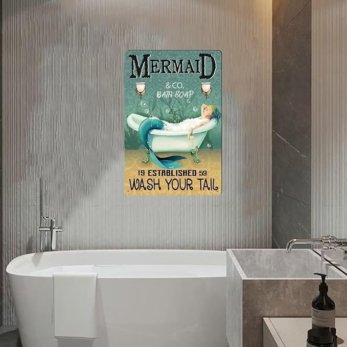 Mermaid Decor Vintage Funny Mermaid Bathroom Decor Vintage Metal Tin Sign - Wash Your Tail - Cafe Office Home Toilet Signs Room Bedroom Wall Decor 8X12Inch - Image 2